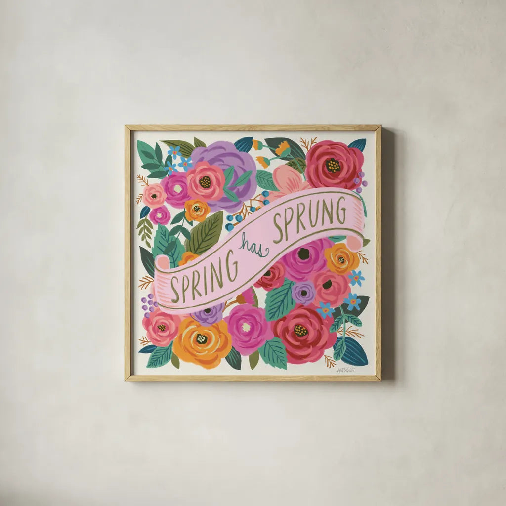 Spring Has Sprung I by Anne Tavoletti. Shown in a natural wood glass frame for a timeless modern aesthetic. Available as an archival giclee rolled canvas, fine art paper, or poster print. SKU 63171a.
