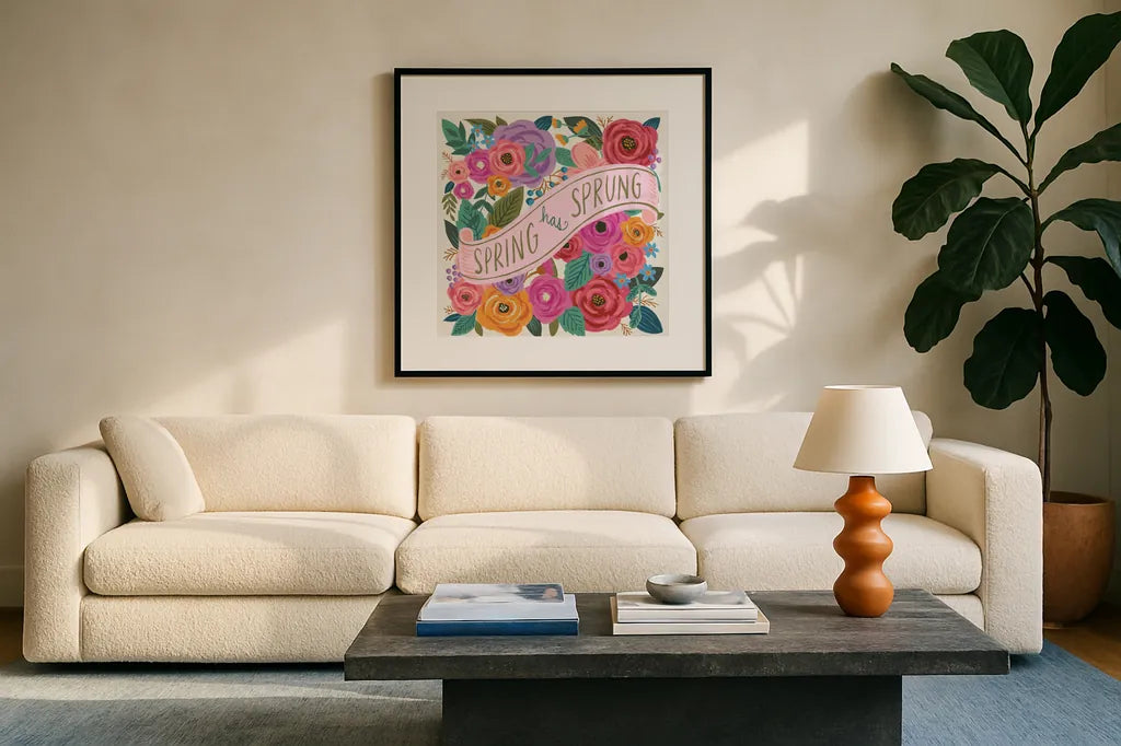 Spring Has Sprung I by Anne Tavoletti. Displayed in a glass frame with matte in a clean modern living room. Available as an archival giclee rolled canvas, fine art paper, or poster print. SKU 63171a.