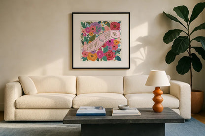 Spring Has Sprung I by Anne Tavoletti. Displayed in a glass frame with matte in a clean modern living room. Available as an archival giclee rolled canvas, fine art paper, or poster print. SKU 63171a.
