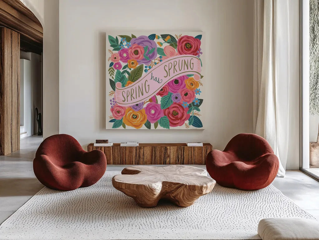 Spring Has Sprung I by Anne Tavoletti. Shown as extra-large giant wall art in a modern living room. Available as an archival giclee rolled canvas, fine art paper, or poster print. SKU 63171a.