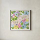 Spring Has Sprung I Bright by Anne Tavoletti. Shown in a crisp white glass frame for a clean and minimalist style. Available as an archival giclee rolled canvas, fine art paper, or poster print. SKU 71347a.