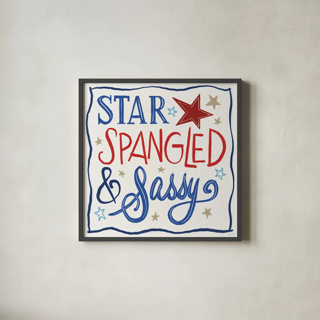 Star Spangled Sayings I by Anne Tavoletti. Shown in a sleek black glass frame for a contemporary gallery look. Available as an archival giclee rolled canvas, fine art paper, or poster print. SKU 85904a.