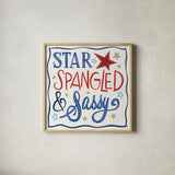 Star Spangled Sayings I by Anne Tavoletti. Shown in a natural wood glass frame for a timeless modern aesthetic. Available as an archival giclee rolled canvas, fine art paper, or poster print. SKU 85904a.