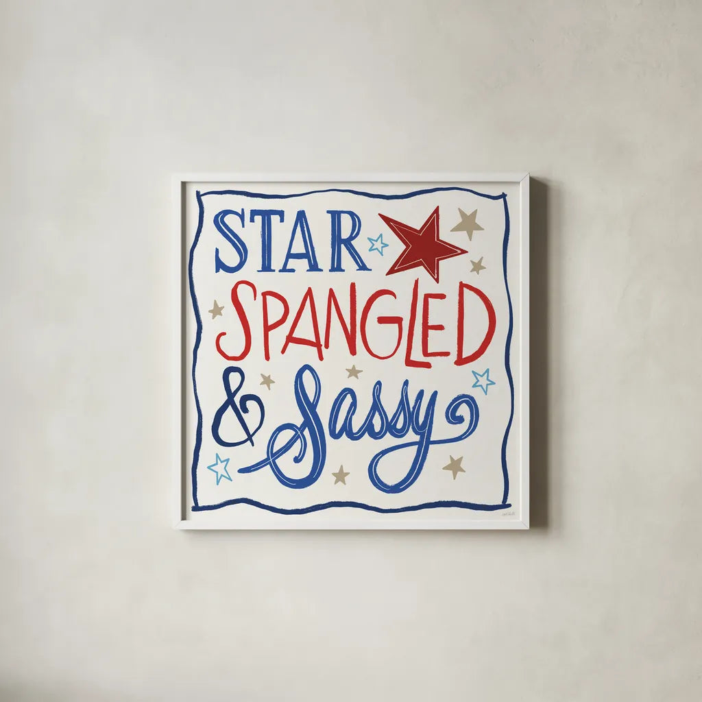 Star Spangled Sayings I by Anne Tavoletti. Shown in a crisp white glass frame for a clean and minimalist style. Available as an archival giclee rolled canvas, fine art paper, or poster print. SKU 85904a.