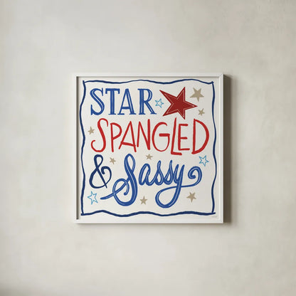 Star Spangled Sayings I by Anne Tavoletti. Shown in a crisp white glass frame for a clean and minimalist style. Available as an archival giclee rolled canvas, fine art paper, or poster print. SKU 85904a.