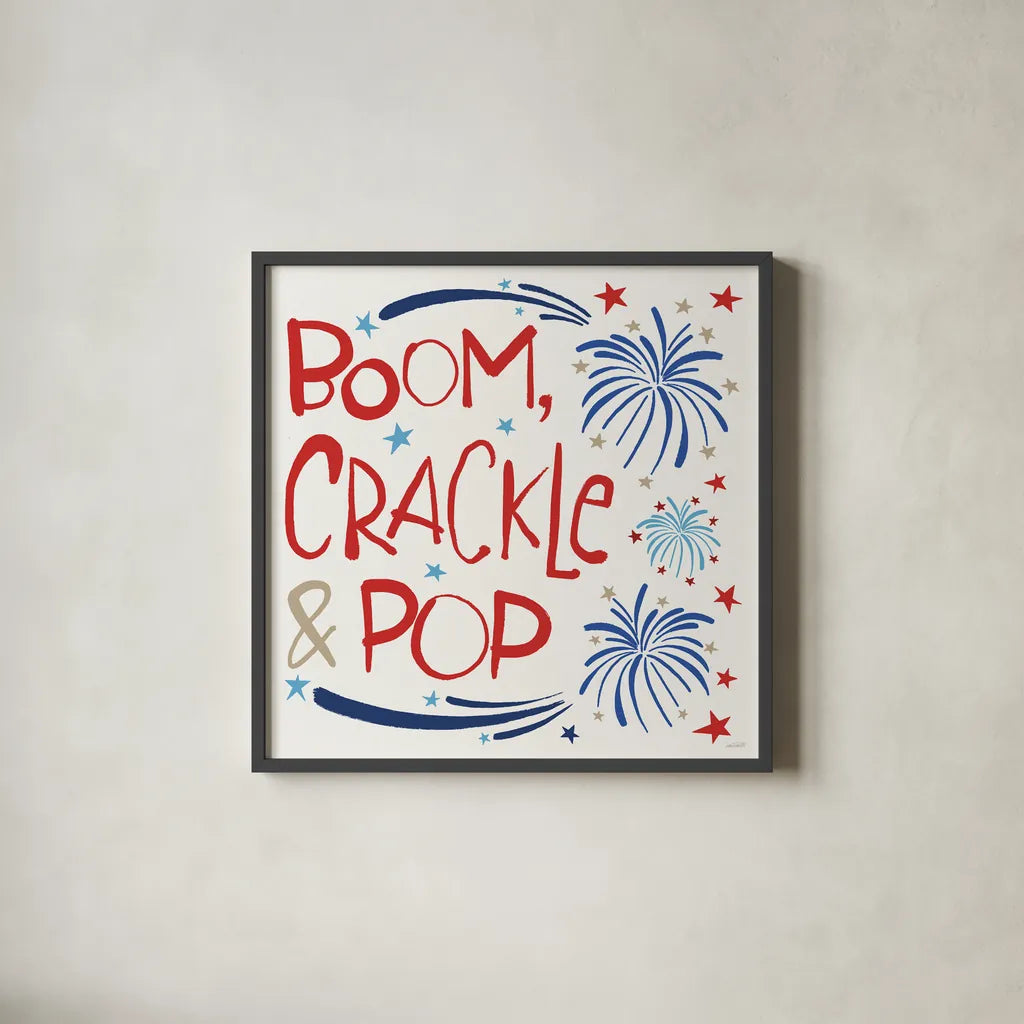 Star Spangled Sayings II by Anne Tavoletti. Shown in a sleek black glass frame for a contemporary gallery look. Available as an archival giclee rolled canvas, fine art paper, or poster print. SKU 85905a.