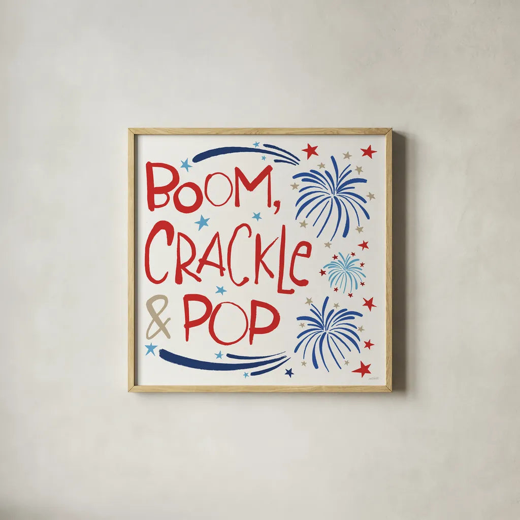 Star Spangled Sayings II by Anne Tavoletti. Shown in a natural wood glass frame for a timeless modern aesthetic. Available as an archival giclee rolled canvas, fine art paper, or poster print. SKU 85905a.