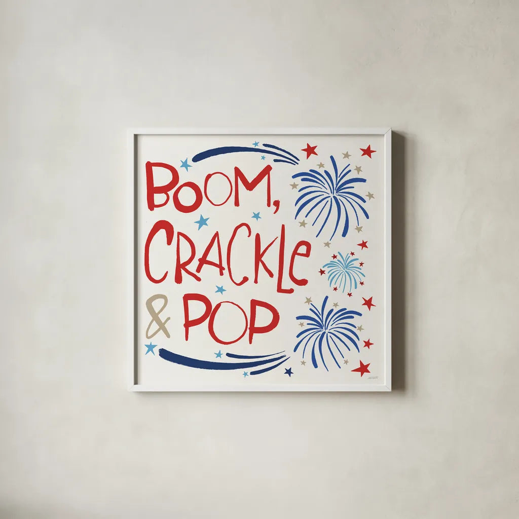 Star Spangled Sayings II by Anne Tavoletti. Shown in a crisp white glass frame for a clean and minimalist style. Available as an archival giclee rolled canvas, fine art paper, or poster print. SKU 85905a.