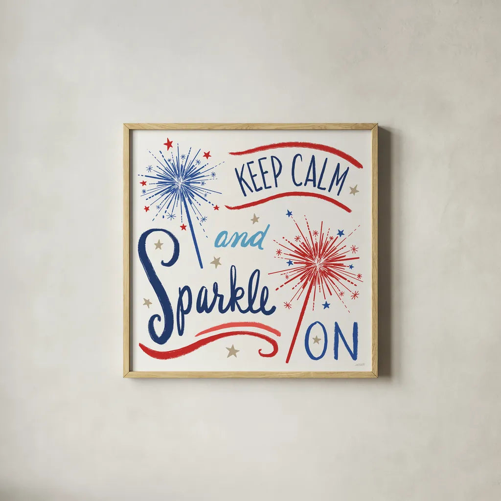 Star Spangled Sayings III by Anne Tavoletti. Shown in a natural wood glass frame for a timeless modern aesthetic. Available as an archival giclee rolled canvas, fine art paper, or poster print. SKU 85906a.