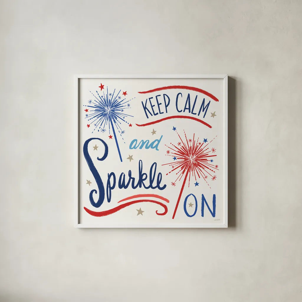 Star Spangled Sayings III by Anne Tavoletti. Shown in a crisp white glass frame for a clean and minimalist style. Available as an archival giclee rolled canvas, fine art paper, or poster print. SKU 85906a.