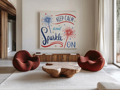 Star Spangled Sayings III by Anne Tavoletti. Shown as extra-large giant wall art in a modern living room. Available as an archival giclee rolled canvas, fine art paper, or poster print. SKU 85906a.