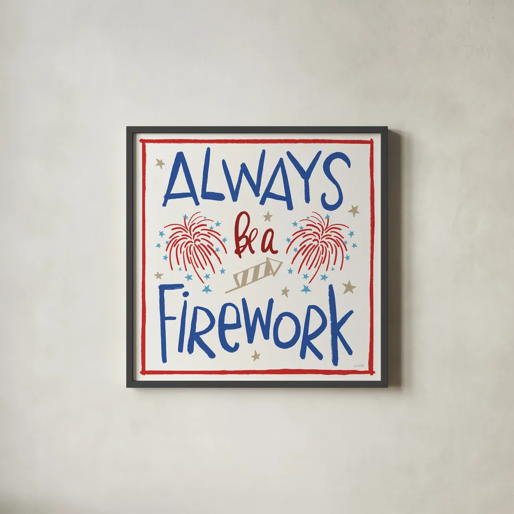 Star Spangled Sayings IV by Anne Tavoletti. Shown in a sleek black glass frame for a contemporary gallery look. Available as an archival giclee rolled canvas, fine art paper, or poster print. SKU 85907a.