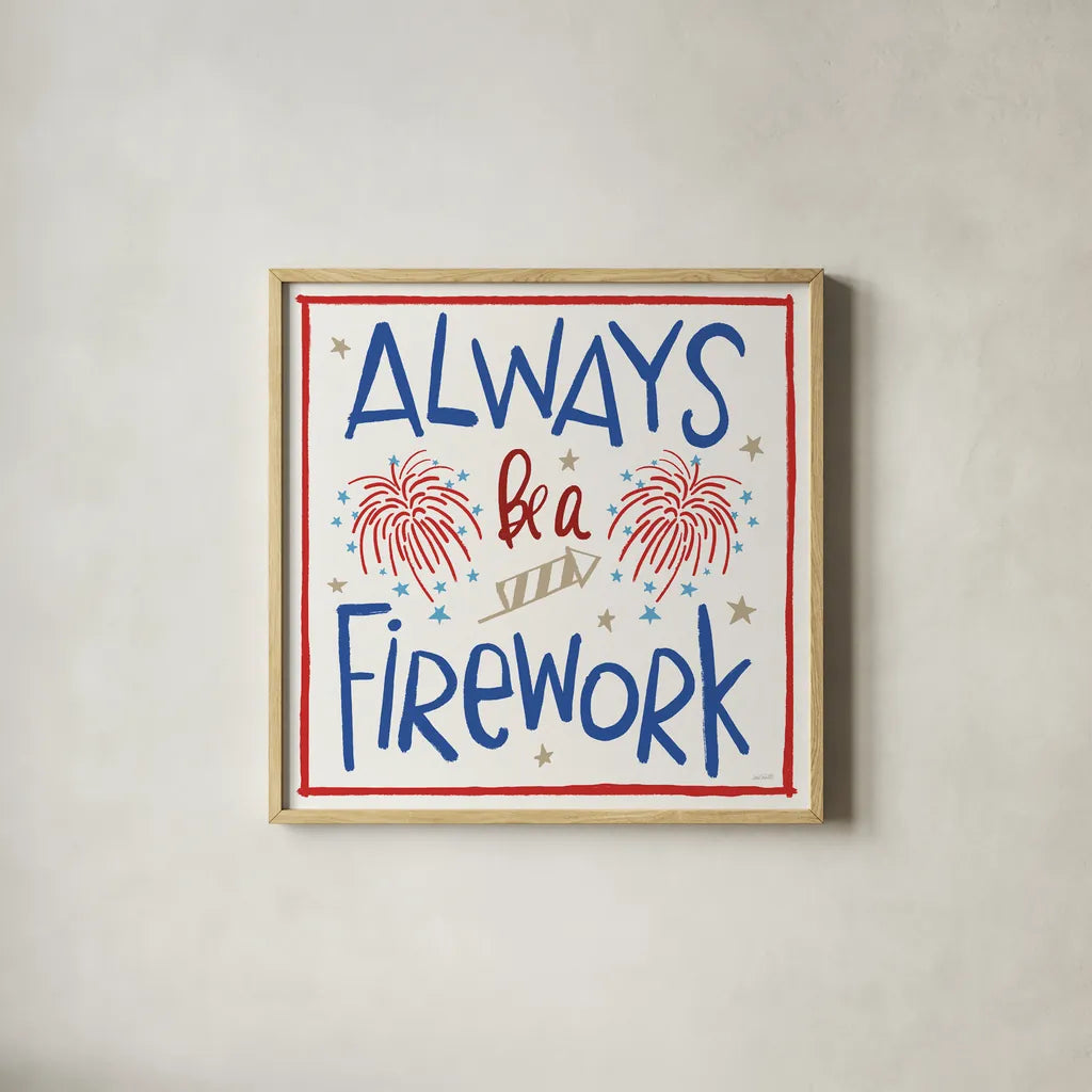 Star Spangled Sayings IV by Anne Tavoletti. Shown in a natural wood glass frame for a timeless modern aesthetic. Available as an archival giclee rolled canvas, fine art paper, or poster print. SKU 85907a.