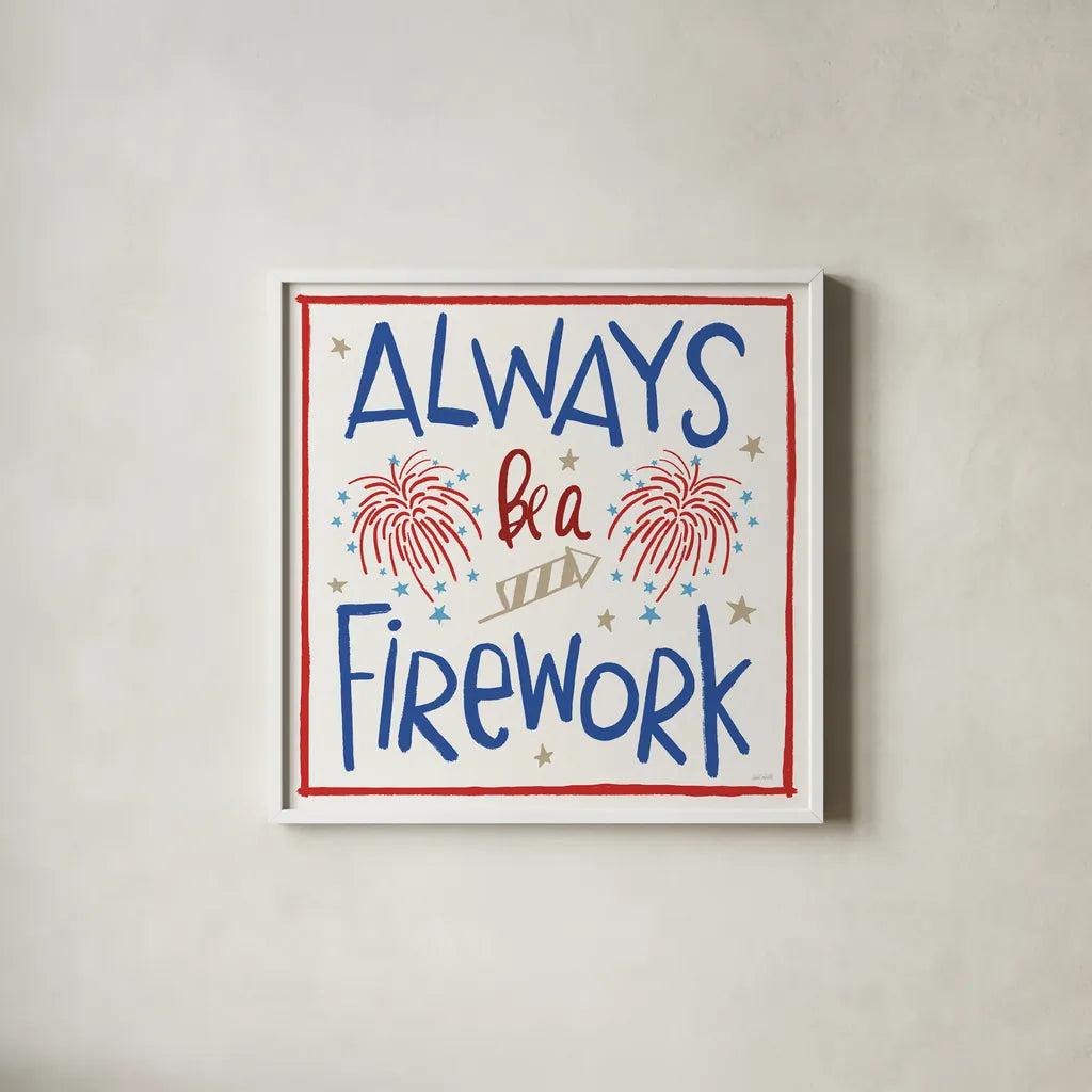 Star Spangled Sayings IV by Anne Tavoletti. Shown in a crisp white glass frame for a clean and minimalist style. Available as an archival giclee rolled canvas, fine art paper, or poster print. SKU 85907a.