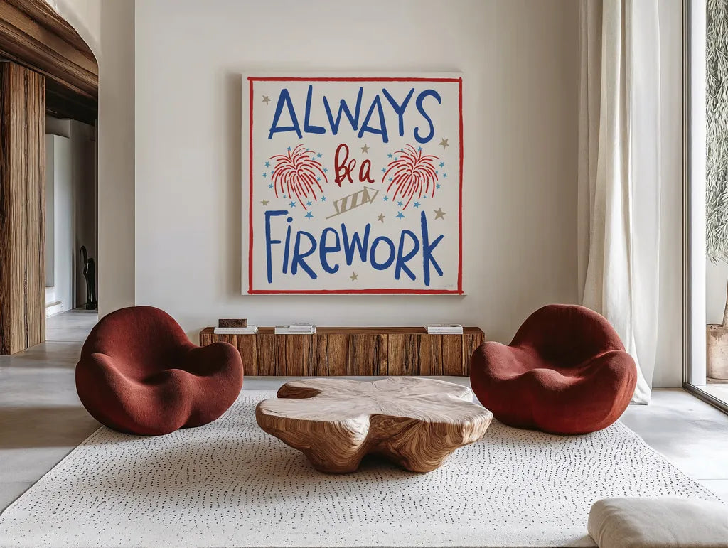 Star Spangled Sayings IV by Anne Tavoletti. Shown as extra-large giant wall art in a modern living room. Available as an archival giclee rolled canvas, fine art paper, or poster print. SKU 85907a.