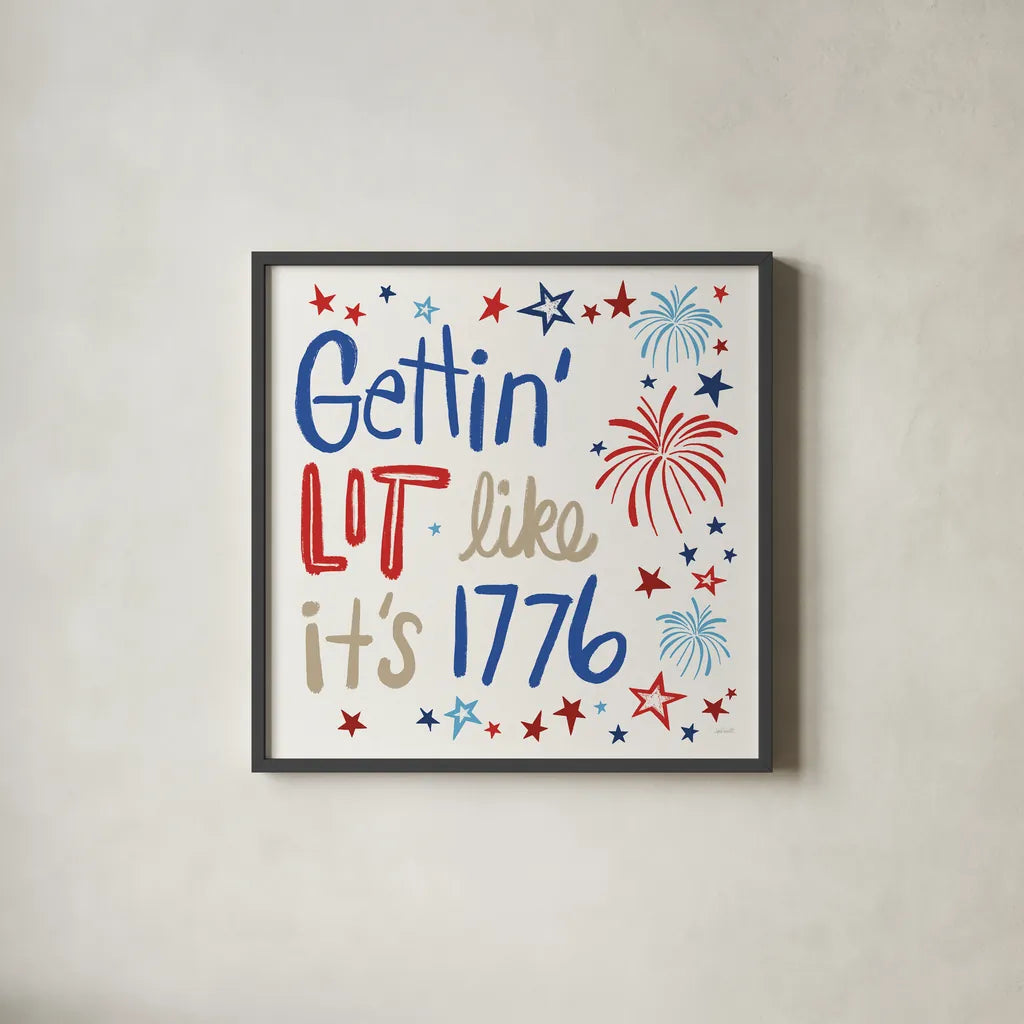 Star Spangled Sayings VI by Anne Tavoletti. Shown in a sleek black glass frame for a contemporary gallery look. Available as an archival giclee rolled canvas, fine art paper, or poster print. SKU 87620a.