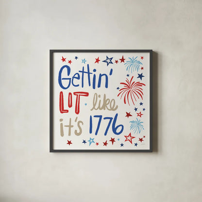 Star Spangled Sayings VI by Anne Tavoletti. Shown in a sleek black glass frame for a contemporary gallery look. Available as an archival giclee rolled canvas, fine art paper, or poster print. SKU 87620a.