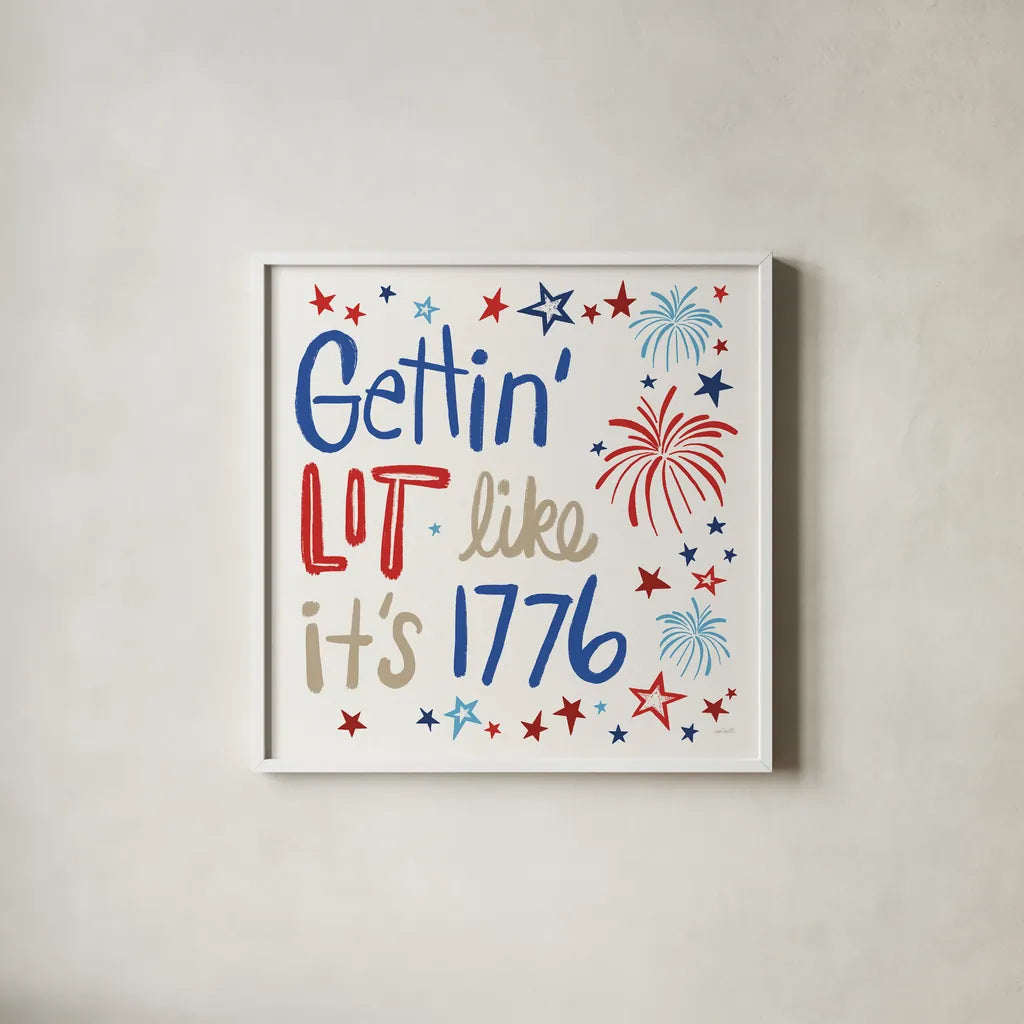 Star Spangled Sayings VI by Anne Tavoletti. Shown in a crisp white glass frame for a clean and minimalist style. Available as an archival giclee rolled canvas, fine art paper, or poster print. SKU 87620a.