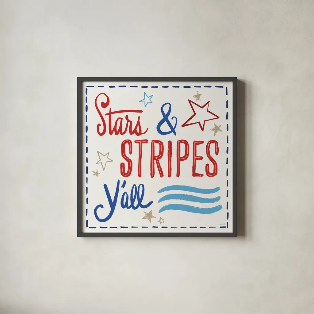 Star Spangled Sayings VII by Anne Tavoletti. Shown in a sleek black glass frame for a contemporary gallery look. Available as an archival giclee rolled canvas, fine art paper, or poster print. SKU 87621a.