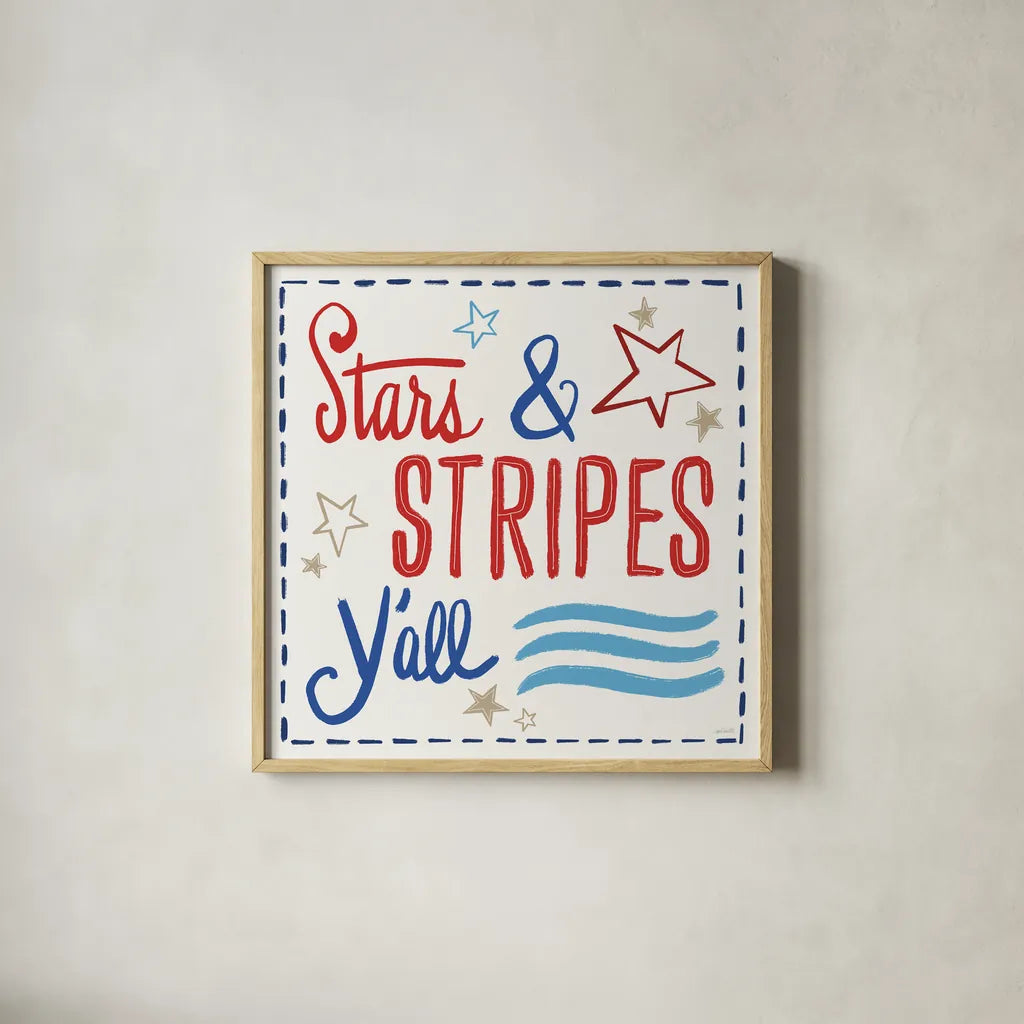 Star Spangled Sayings VII by Anne Tavoletti. Shown in a natural wood glass frame for a timeless modern aesthetic. Available as an archival giclee rolled canvas, fine art paper, or poster print. SKU 87621a.