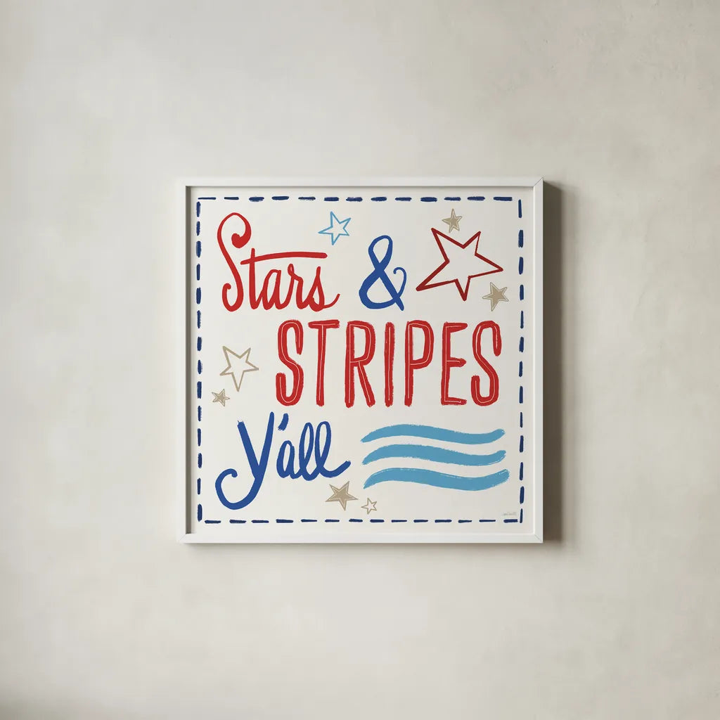 Star Spangled Sayings VII by Anne Tavoletti. Shown in a crisp white glass frame for a clean and minimalist style. Available as an archival giclee rolled canvas, fine art paper, or poster print. SKU 87621a.