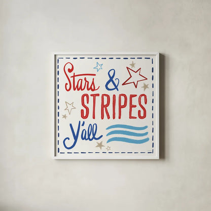 Star Spangled Sayings VII by Anne Tavoletti. Shown in a crisp white glass frame for a clean and minimalist style. Available as an archival giclee rolled canvas, fine art paper, or poster print. SKU 87621a.