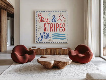 Star Spangled Sayings VII by Anne Tavoletti. Shown as extra-large giant wall art in a modern living room. Available as an archival giclee rolled canvas, fine art paper, or poster print. SKU 87621a.