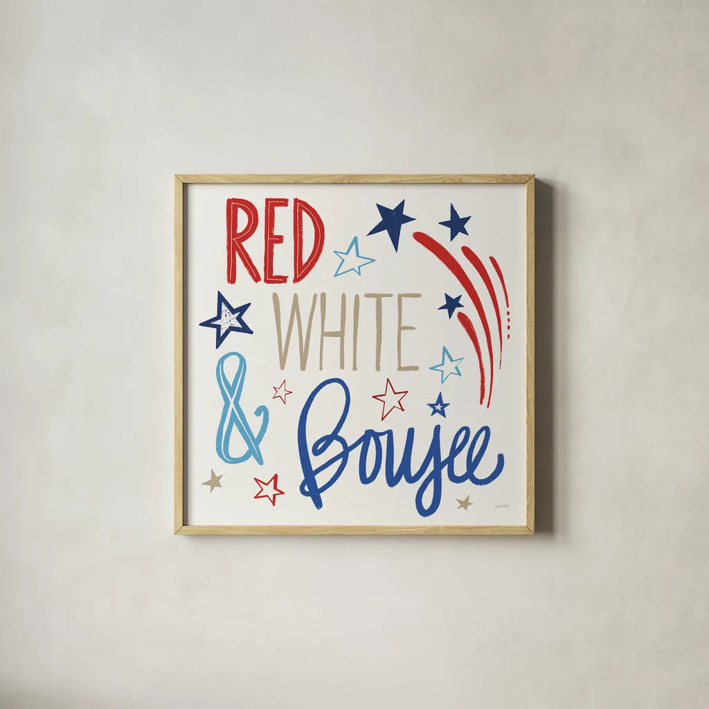 Star Spangled Sayings VIII by Anne Tavoletti. Shown in a natural wood glass frame for a timeless modern aesthetic. Available as an archival giclee rolled canvas, fine art paper, or poster print. SKU 87622a.
