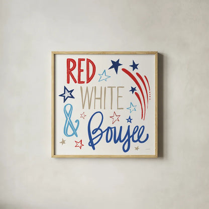 Star Spangled Sayings VIII by Anne Tavoletti. Shown in a natural wood glass frame for a timeless modern aesthetic. Available as an archival giclee rolled canvas, fine art paper, or poster print. SKU 87622a.
