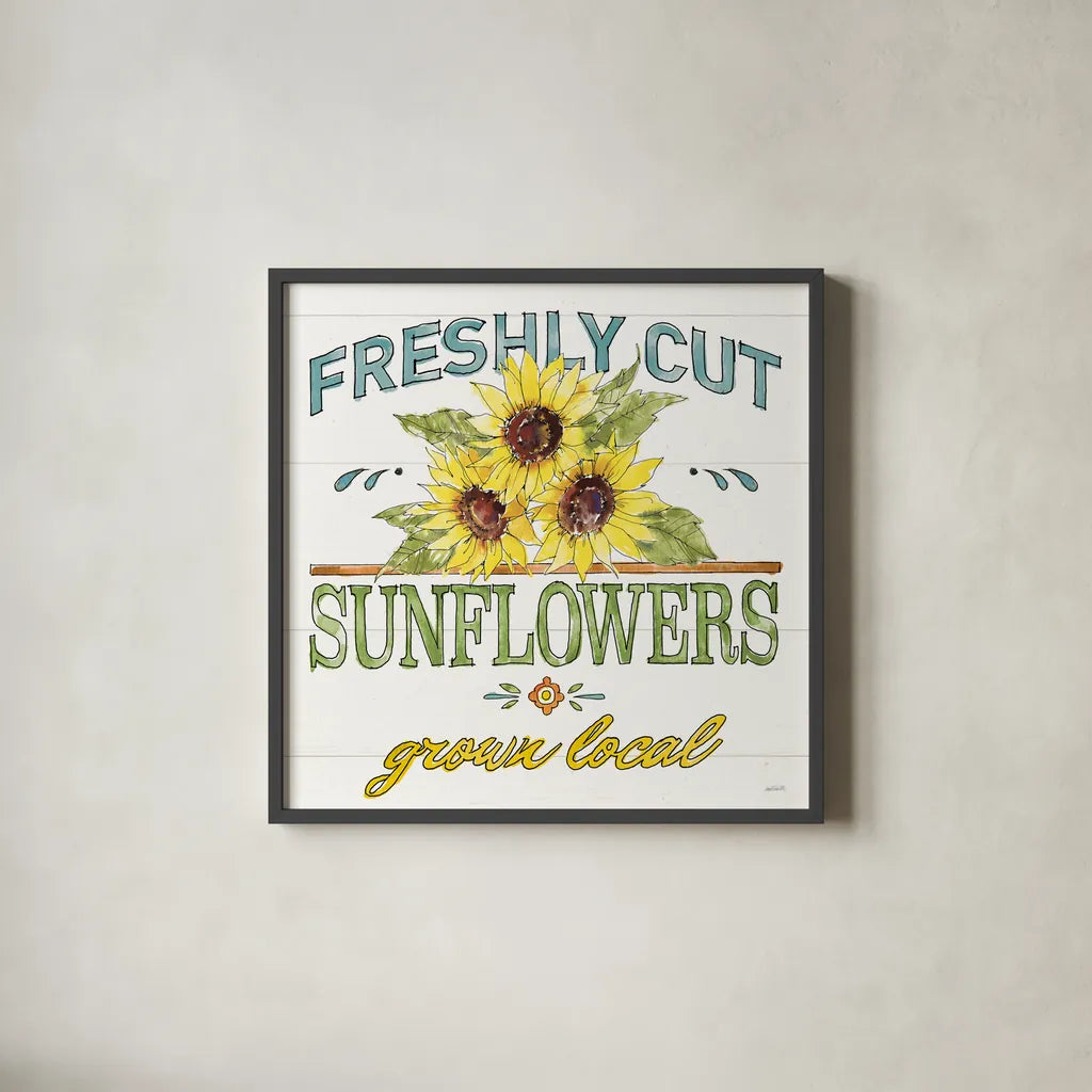 Sunflower Fields III by Anne Tavoletti. Shown in a sleek black glass frame for a contemporary gallery look. Available as an archival giclee rolled canvas, fine art paper, or poster print. SKU 54383a.