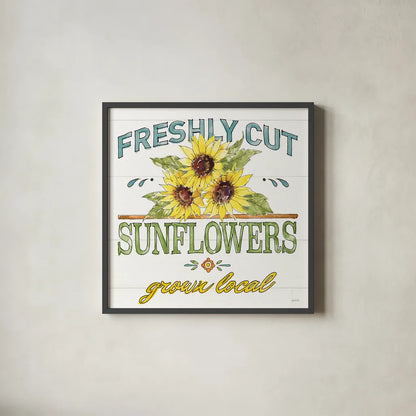 Sunflower Fields III by Anne Tavoletti. Shown in a sleek black glass frame for a contemporary gallery look. Available as an archival giclee rolled canvas, fine art paper, or poster print. SKU 54383a.