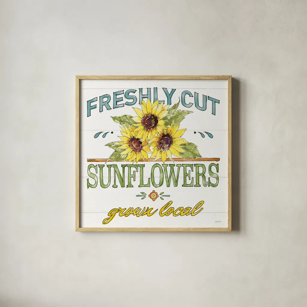 Sunflower Fields III by Anne Tavoletti. Shown in a natural wood glass frame for a timeless modern aesthetic. Available as an archival giclee rolled canvas, fine art paper, or poster print. SKU 54383a.