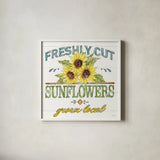 Sunflower Fields III by Anne Tavoletti. Shown in a crisp white glass frame for a clean and minimalist style. Available as an archival giclee rolled canvas, fine art paper, or poster print. SKU 54383a.