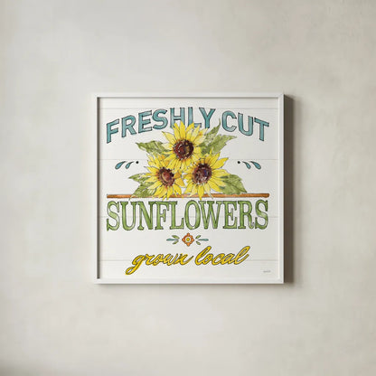 Sunflower Fields III by Anne Tavoletti. Shown in a crisp white glass frame for a clean and minimalist style. Available as an archival giclee rolled canvas, fine art paper, or poster print. SKU 54383a.