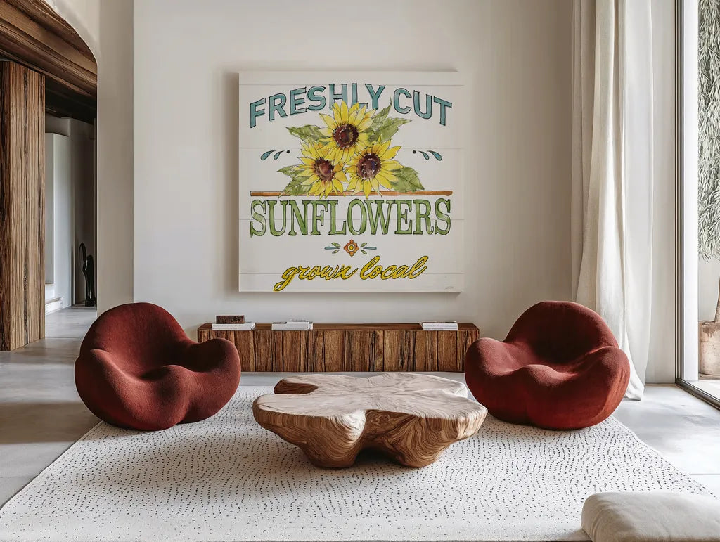 Sunflower Fields III by Anne Tavoletti. Shown as extra-large giant wall art in a modern living room. Available as an archival giclee rolled canvas, fine art paper, or poster print. SKU 54383a.