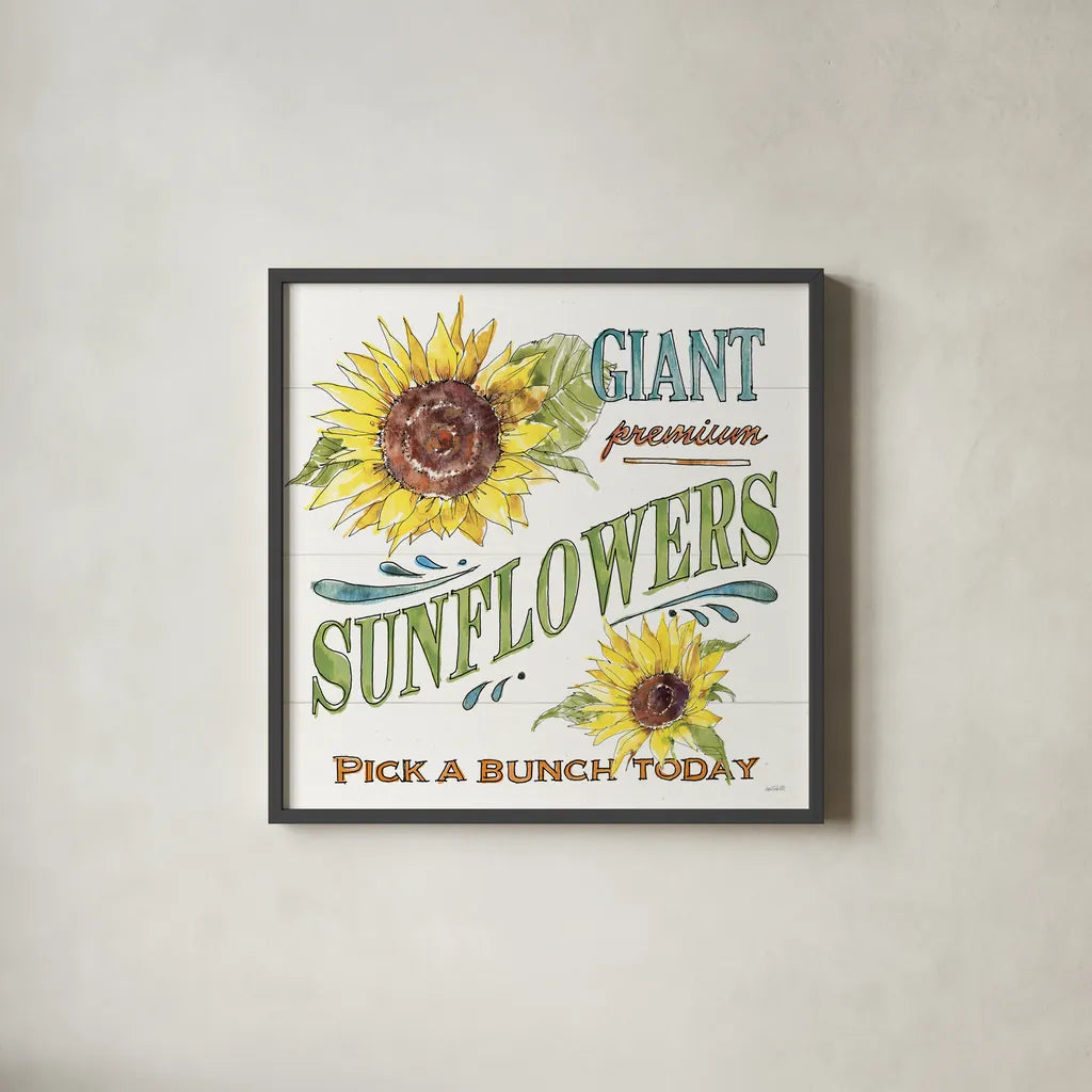 Sunflower Fields IV by Anne Tavoletti. Shown in a sleek black glass frame for a contemporary gallery look. Available as an archival giclee rolled canvas, fine art paper, or poster print. SKU 54384a.