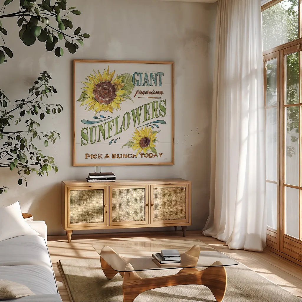 Sunflower Fields IV by Anne Tavoletti. Shown in a natural wood frame in a cozy modern living room. Available as an archival giclee rolled canvas, fine art paper, or poster print. SKU 54384a.