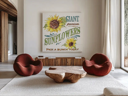 Sunflower Fields IV by Anne Tavoletti. Shown as extra-large giant wall art in a modern living room. Available as an archival giclee rolled canvas, fine art paper, or poster print. SKU 54384a.