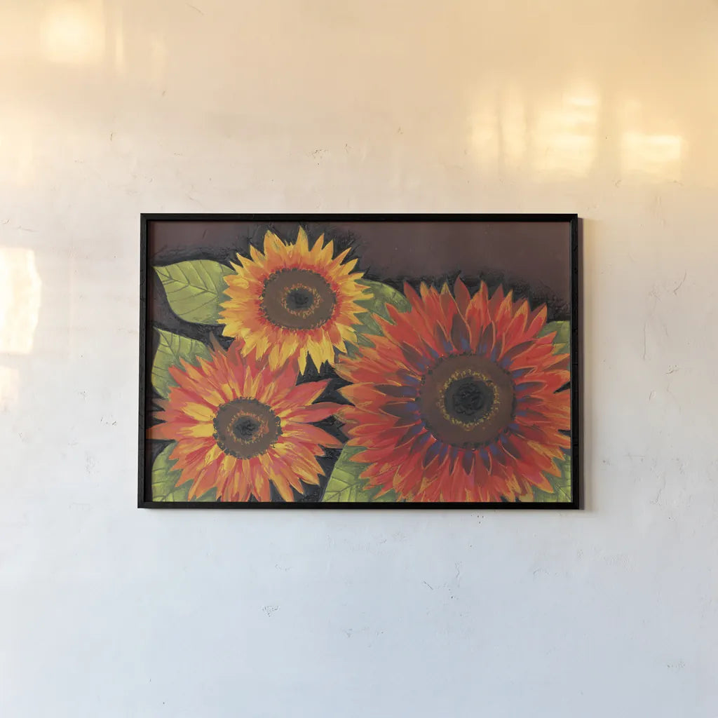 Sunflowers by Anne Tavoletti. shown as a paper print in a black flame. Available as a archival giclee rolled canvas, fine art paper, or poster print. SKU 26713i.