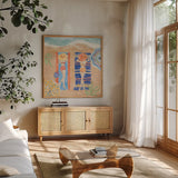 Sunkissed II Beach by Anne Tavoletti. Shown in a natural wood frame in a cozy modern living room. Available as an archival giclee rolled canvas, fine art paper, or poster print. SKU 104201a.