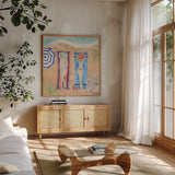 Sunkissed III Beach by Anne Tavoletti. Shown in a natural wood frame in a cozy modern living room. Available as an archival giclee rolled canvas, fine art paper, or poster print. SKU 104203a.