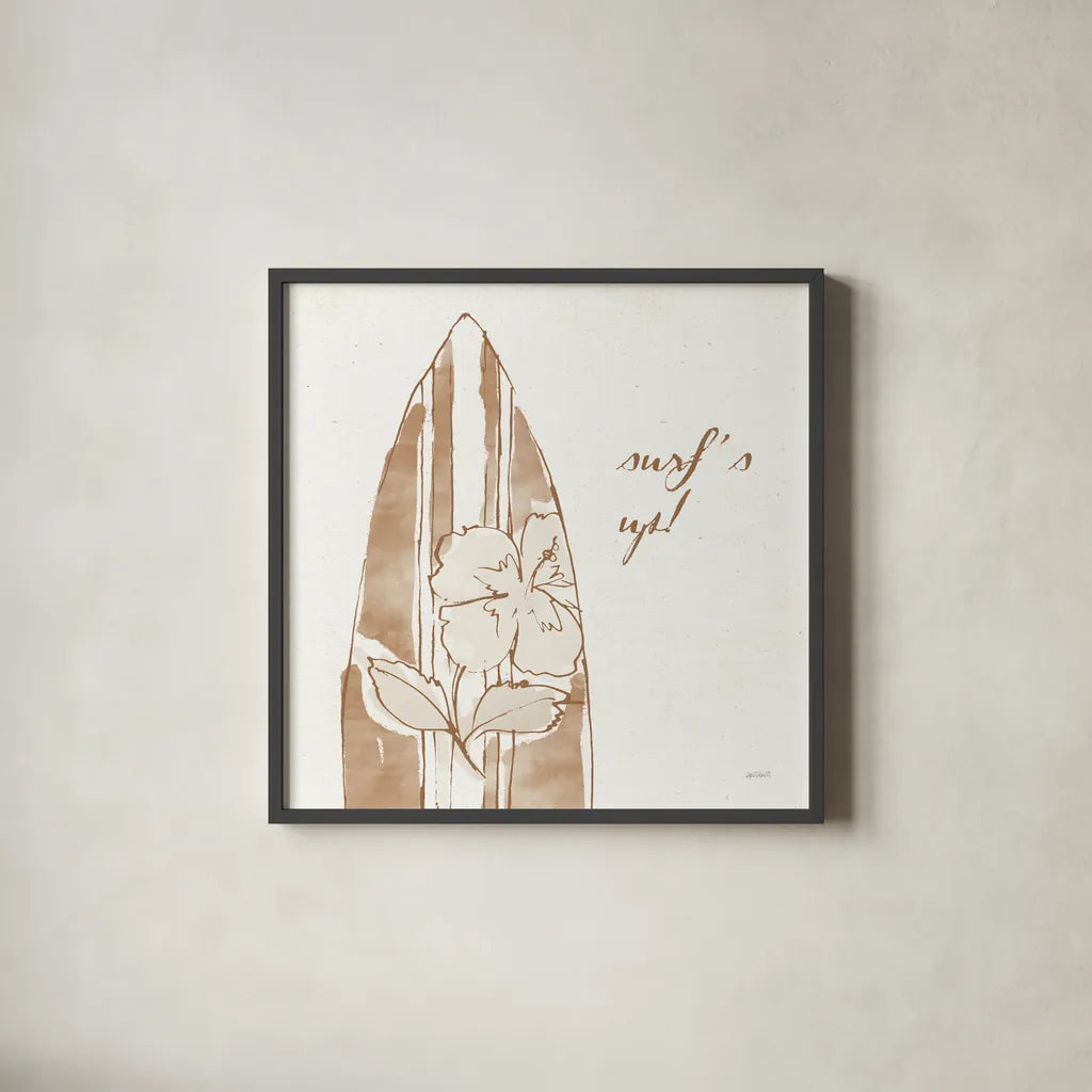 Surfs Up IX Neutral by Anne Tavoletti. Shown in a sleek black glass frame for a contemporary gallery look. Available as an archival giclee rolled canvas, fine art paper, or poster print. SKU 75638a.