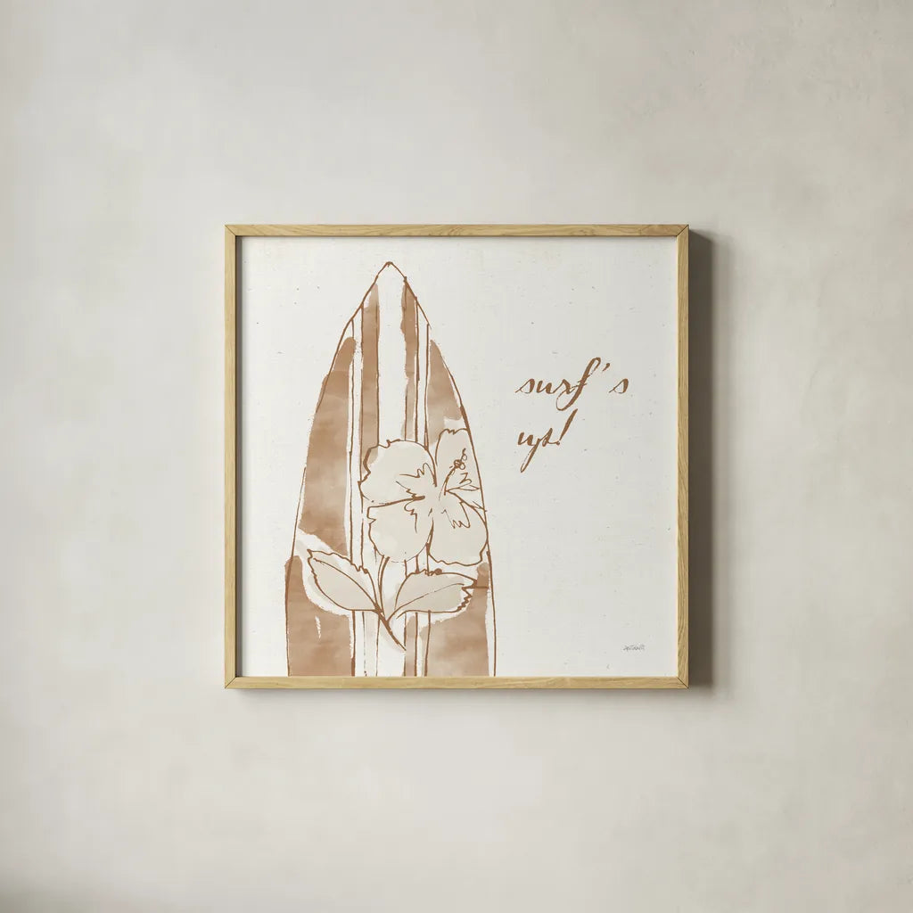 Surfs Up IX Neutral by Anne Tavoletti. Shown in a natural wood glass frame for a timeless modern aesthetic. Available as an archival giclee rolled canvas, fine art paper, or poster print. SKU 75638a.