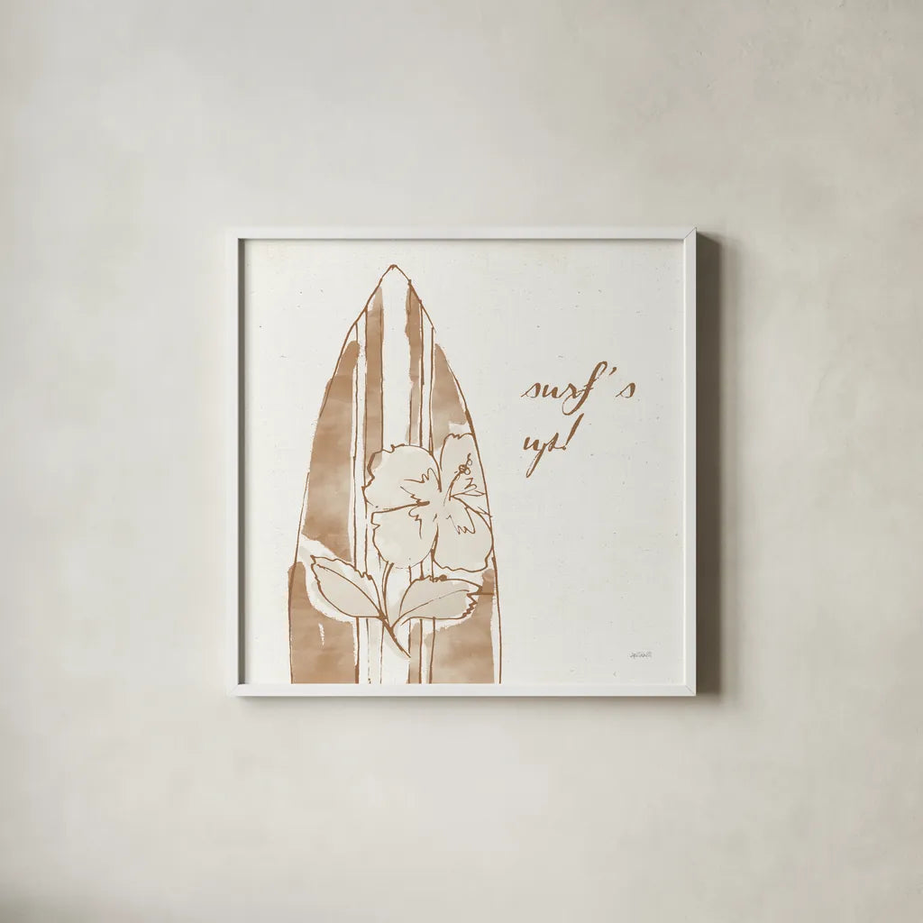Surfs Up IX Neutral by Anne Tavoletti. Shown in a crisp white glass frame for a clean and minimalist style. Available as an archival giclee rolled canvas, fine art paper, or poster print. SKU 75638a.