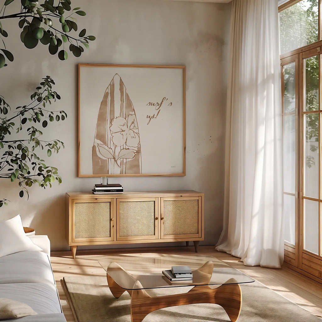 Surfs Up IX Neutral by Anne Tavoletti. Shown in a natural wood frame in a cozy modern living room. Available as an archival giclee rolled canvas, fine art paper, or poster print. SKU 75638a.