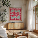 Sweet Hearts I by Anne Tavoletti. Shown in a natural wood frame in a cozy modern living room. Available as an archival giclee rolled canvas, fine art paper, or poster print. SKU 96253a.