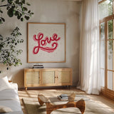 Sweet Hearts II by Anne Tavoletti. Shown in a natural wood frame in a cozy modern living room. Available as an archival giclee rolled canvas, fine art paper, or poster print. SKU 96254a.