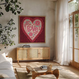 Sweet Hearts III by Anne Tavoletti. Shown in a natural wood frame in a cozy modern living room. Available as an archival giclee rolled canvas, fine art paper, or poster print. SKU 96255a.