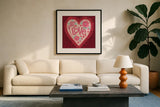 Sweet Hearts III by Anne Tavoletti. Displayed in a glass frame with matte in a clean modern living room. Available as an archival giclee rolled canvas, fine art paper, or poster print. SKU 96255a.