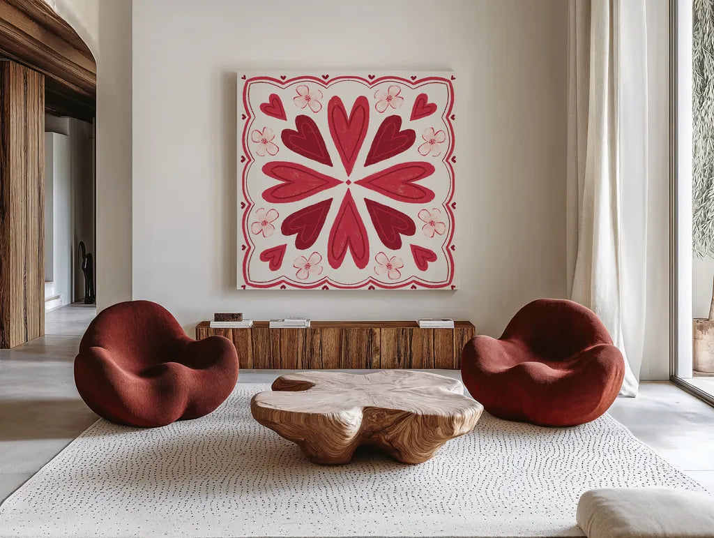 Sweet Hearts IV by Anne Tavoletti. Shown as extra-large giant wall art in a modern living room. Available as an archival giclee rolled canvas, fine art paper, or poster print. SKU 96256a.